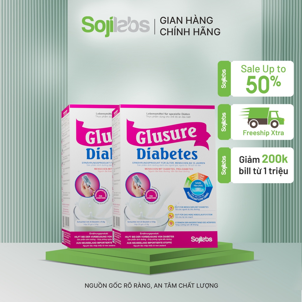 Sữa Hỗ Trợ Người Bị Tiểu Đường Glusure Diabetes dành cho người bị tiểu đường, tiền đái tháo đường - Hộp 20 gói
