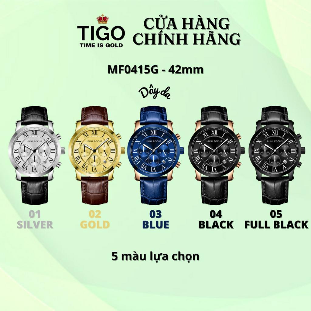 Đồng Hồ Nam MINI FOCUS MF0415G.03 Dây Da Xanh Mặt Xanh Thép Không Gỉ Cao Cấp Mặt Tròn Đường Kính 42mm Chống Nước