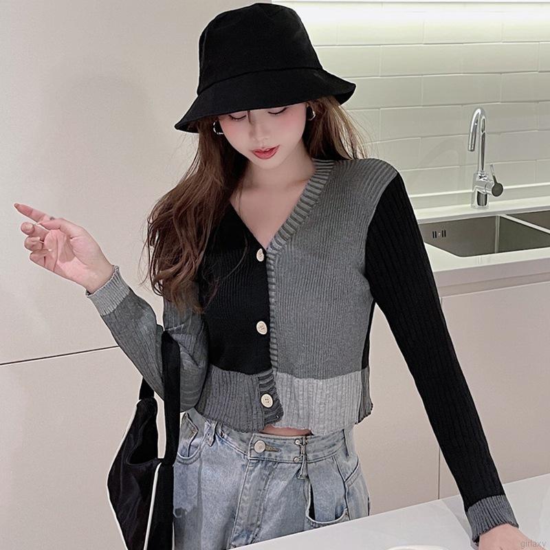 Áo Cardigan Dệt Kim Tay Dài Cổ Chữ V Màu Sắc Tương Phản Phong Cách Hàn Quốc Cho Nữ