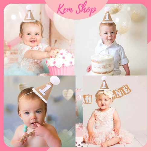 Mũ sinh nhật vải cói nâu 3D Hàn Quốc Kem Shop, mũ cói sinh nhật vintage dễ thương - Kemshop K120