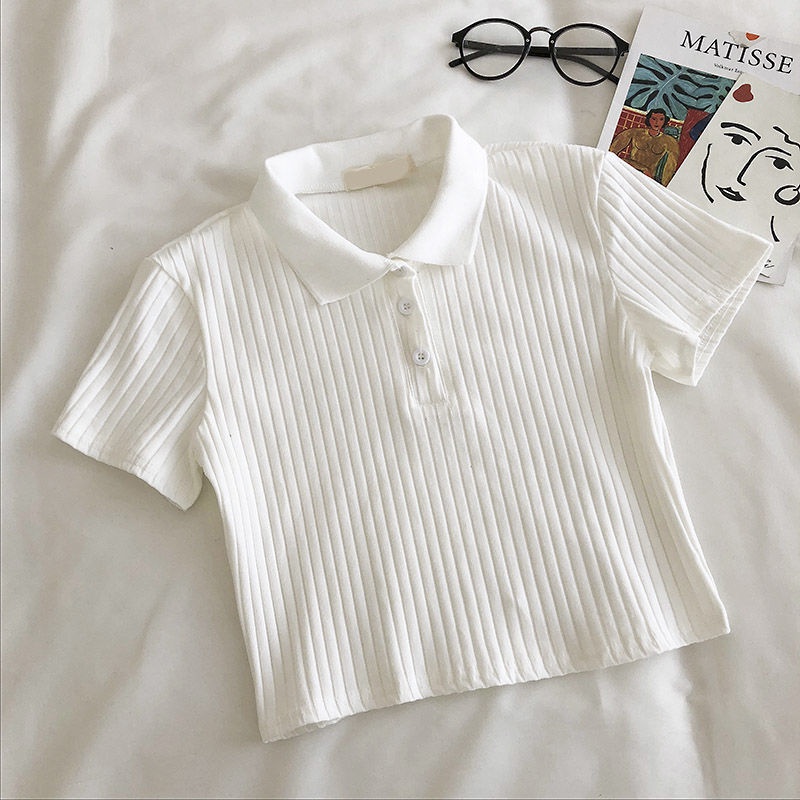 Áo Croptop Tay Ngắn Cổ Polo Dáng Ôm Phong Cách Hàn Quốc Thời Trang Cho Nữ