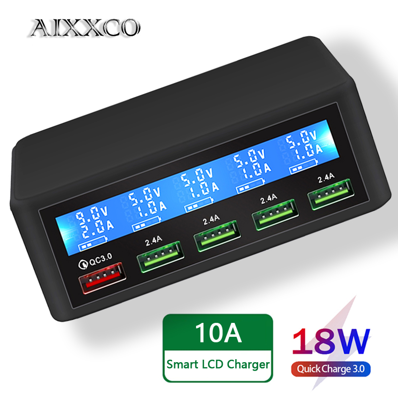 AIXXCO USB Quick Charger 40W 5-Port LED Display Quick Charge 3.0 Fast Charger Desktop Charging Station iPhone X 8 7 6, iPad