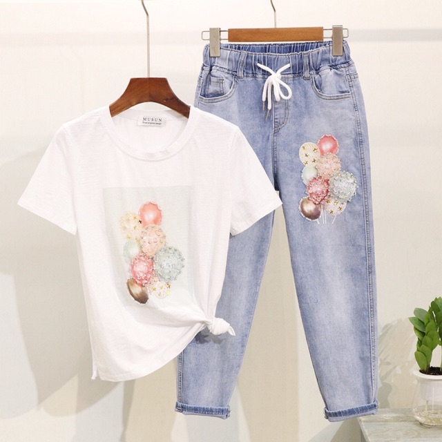 Set đồ nữ cao cấp thiết kế in hình bóng bay nhiều màu trẻ trung kết hợp cùng quần Jean chun co giãn NV0010