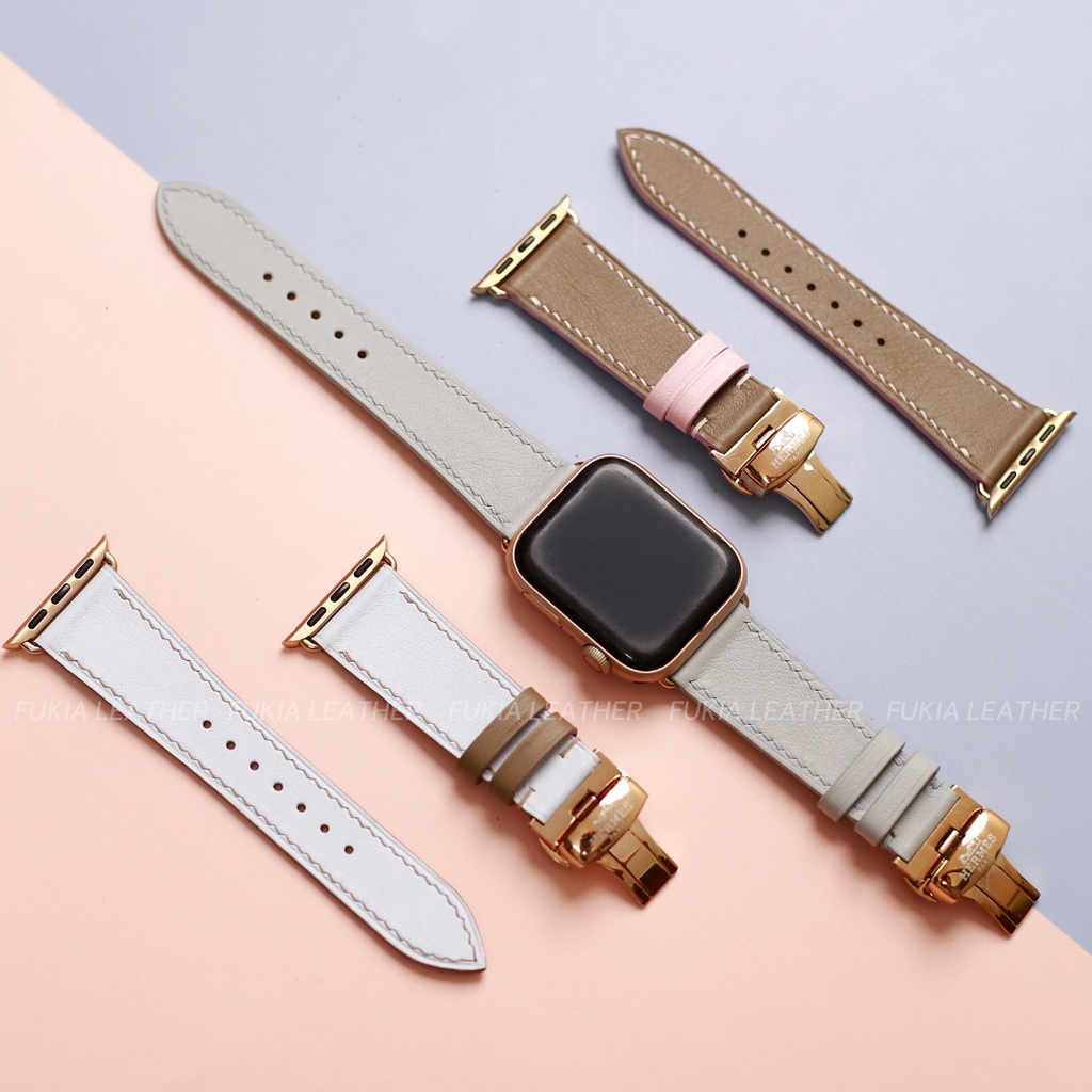 Dây da thủ công Swift nâu tây mix hồng cho dành cho Apple Watch, đồng hồ thông minh, đồng hồ cơ