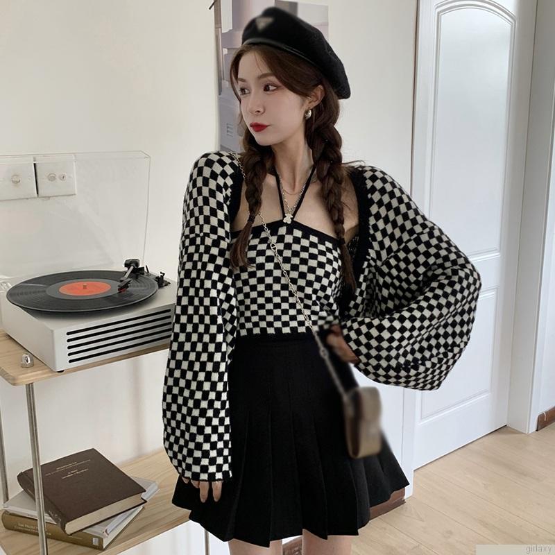 Áo cổ yếm / Áo khoác cardigan dệt kim tay dài dáng rộng sọc caro phong cách Hàn Quốc cho nữ