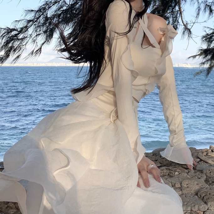 SUXI Áo Dệt Kim Tay Dài + Áo Không Tay Màu Sắc Trơn Thời Trang Dành Cho Nữ