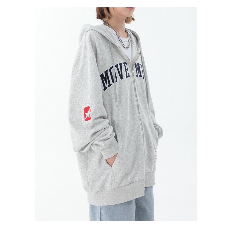 Áo Khoác Hoodie Kéo Khóa Zip Thêu chữ Movement Màu Đen Chất Vải Nỉ Bông