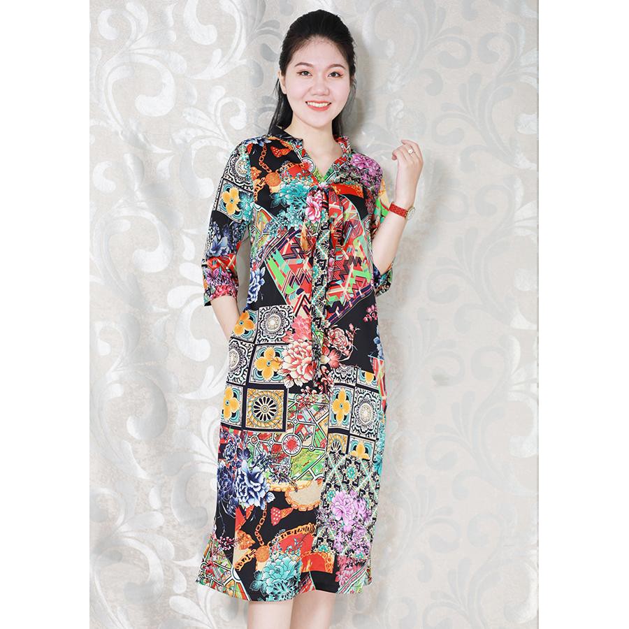 GOTI - Đầm Trung Niên Cao Cấp Kiểu Dáng Suông Lụa In Hoa Dài Qua Gối Tay Lỡ Cho Mẹ U50 U60 3180