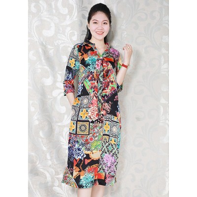 GOTI - Đầm Trung Niên Cao Cấp Kiểu Dáng Suông Lụa In Hoa Dài Qua Gối Tay Lỡ Cho Mẹ U50 U60 3180