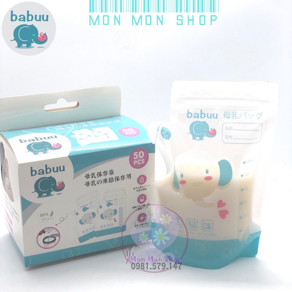 [Sỉ giá tốt] Combo 10 hộp túi trữ sữa Babuu Baby Nhật 250ml ( 50c/h) mẫu có đầu cắt