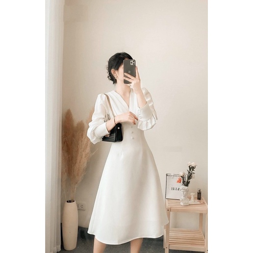 X2 váy cưới cô dâu dáng dài  Nữ Vintage đi biển Đầm trắng dự tiệc cổ v nút bọc tay dài phồng đi làm công sở