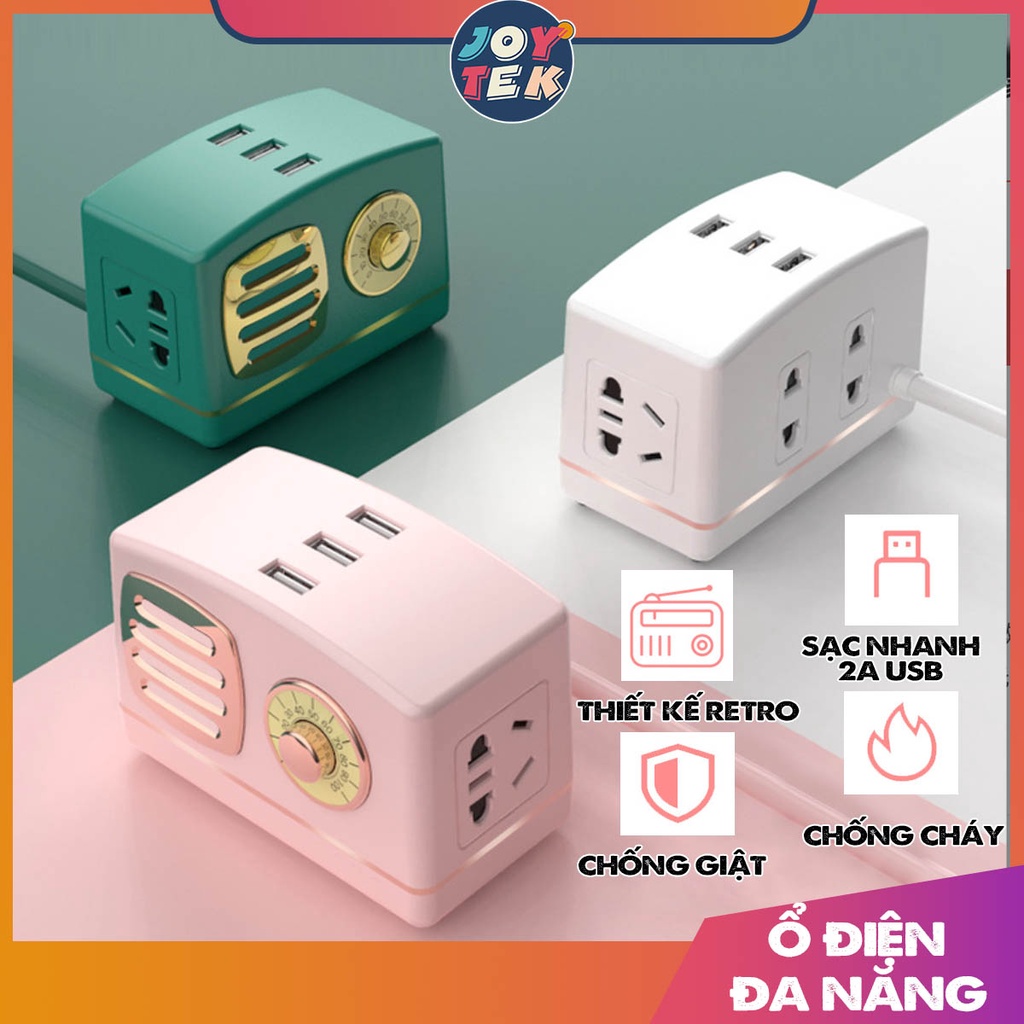 Ổ Cắm Điện Đa Năng Retro Joytek có tích hợp cổng usb sạc nhanh 6 ổ điện và 3 cổng usb có led, chịu tải 2500w dây dài 2m1