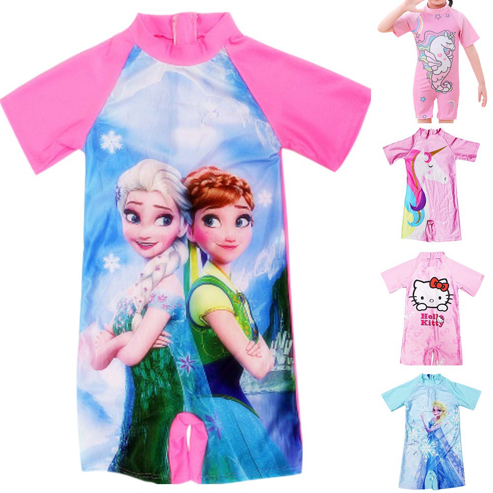 Unicorn Frozen Trẻ em Cô gái Một mảnh Áo tắm Áo tắm Ngắn tay Trẻ em Phim hoạt hình Đồ bơi
