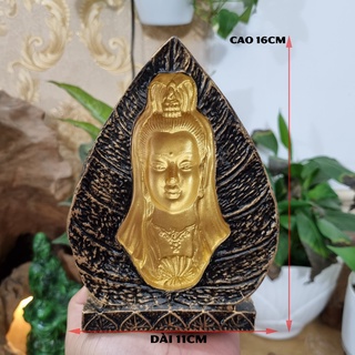 Tượng đá trang trí tượng Phật Quan Âm Bồ Tát in trên Lá Bồ Đề phiên bản 3D - Chiều cao 16cm - Màu Nhũ Vàng