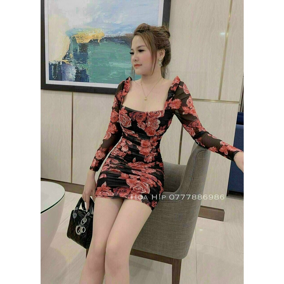 Váy nữ ôm tay dài hoạ tiết hoa, đầm hoa hồng đỏ cổ vuông ôm body thiết kế thời trang đi tiệc cực sang chảnh