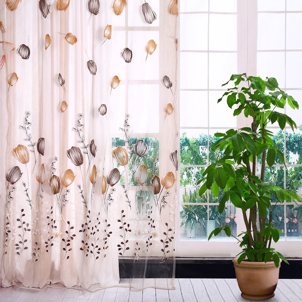 Rèm cửa vải voile họa tiết hoa tulip dùng cho trang trí xinh xắn 100x200 cm