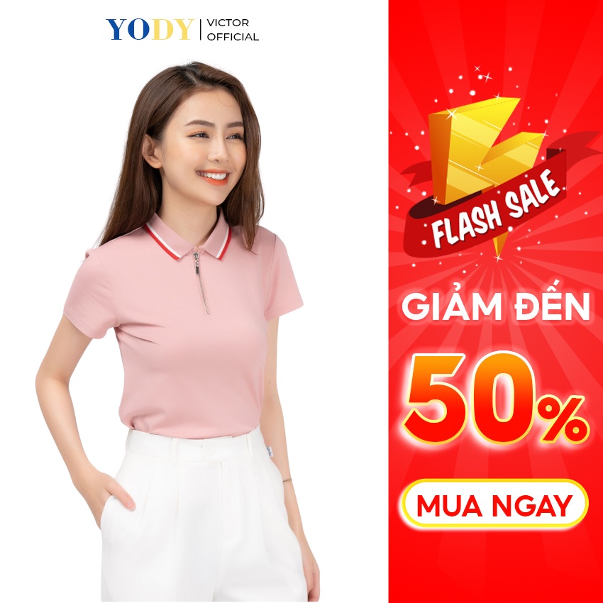 Áo Thun Polo YODY Nữ Khóa Trụ Bo Kẻ Chất Thoáng Mát Mềm Mại, Thấm Hút Mồ Hôi APN3876