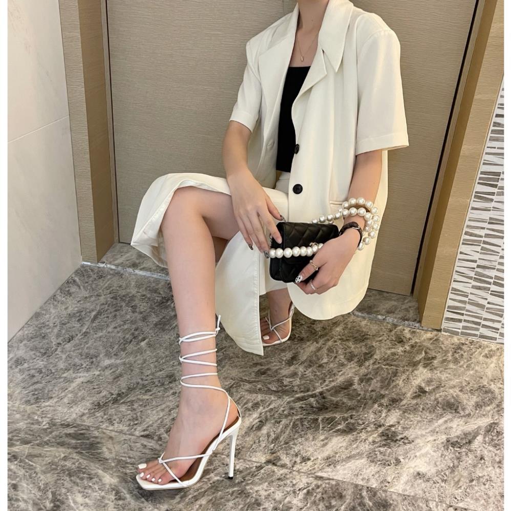 Giày Sandal Buộc Dây MINAFS Guốc Nhọn Đan Mảnh Cột Cao Chiến Binh Gót Và Mũi Vuông 7p 9cm Màu Trắng Đen Xăng Đan Dây ️🎯
