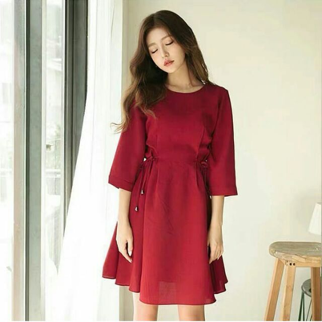 (Kèm hình thật) Váy đỏ thắt nơ eo (có sẵn)