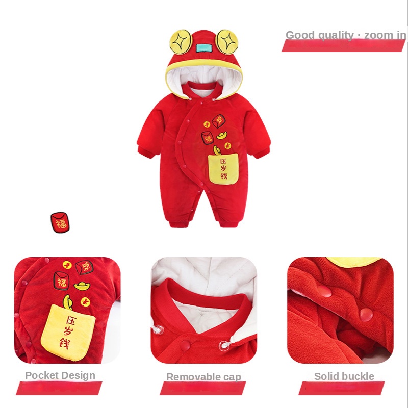 Bộ Áo Liền Quần Bằng Vải Cotton Dày In Mèo May Mắn Hoạt Hình Dành Cho Bé Trai Gái 0-24 Tháng