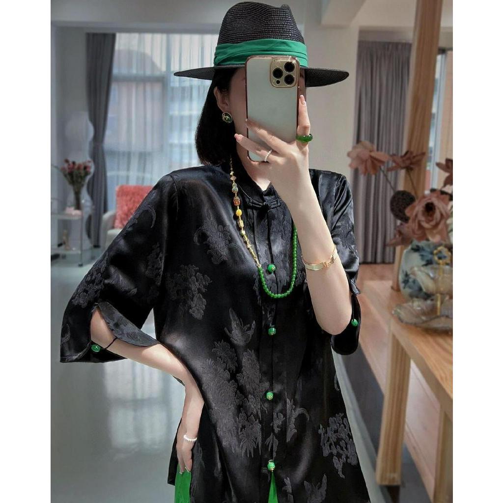 Áo Sơ Mi Jacquard Lụa Jacquard Cổ Đứng Cài Nút Chảy Cổ Đứng Phong Cách Trung Hoa Retro Mới 2023 Cho Nữ