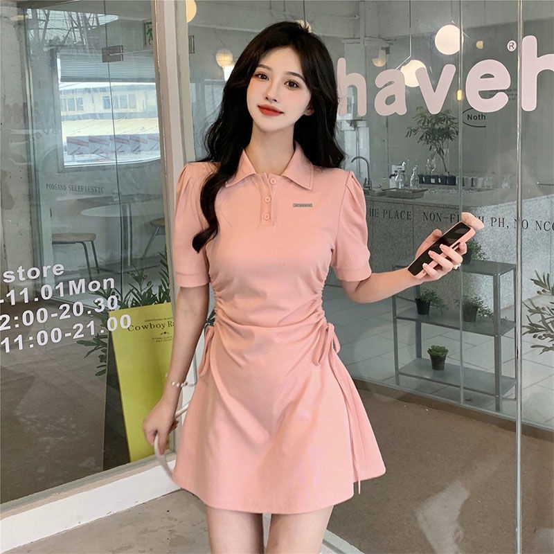 Đầm COZOKC tay ngắn cổ polo thiết kế dây rút chiết eo phong cách Hàn Quốc