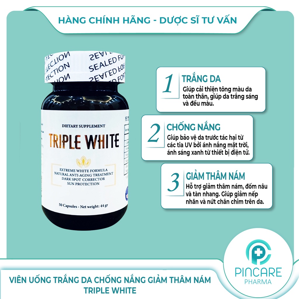Viên uống sáng da Triple White chống nắng, đẹp da, giảm thâm nám của Mỹ - Hàng chính hãng - Nhà thuốc Pincare