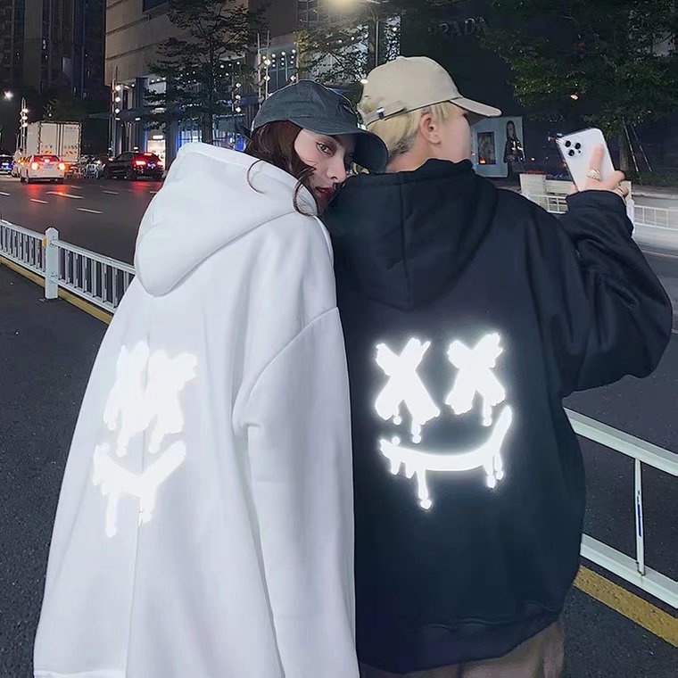 Áo Hoodie Nỉ Tay Dài Dáng Rộng In X_X Hình Mặt Cười Phản Quang Thời Trang Hàn Quốc Cho Cặp Đôi Size M-8XL
