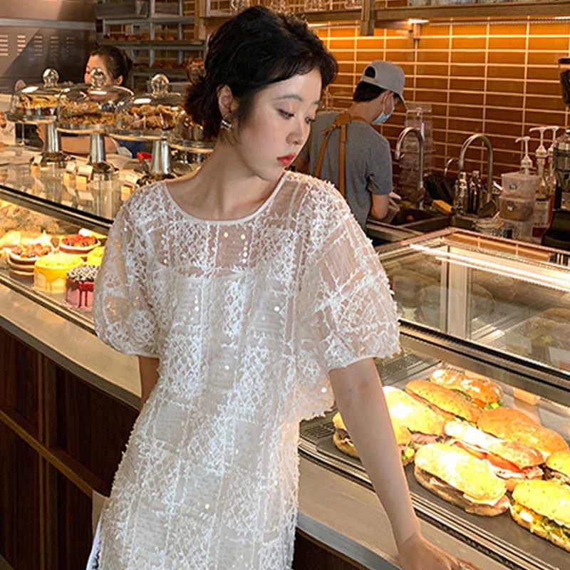 Đầm tay phồng phối ren phong cách Hàn Quốc thời trang hè cho nữ