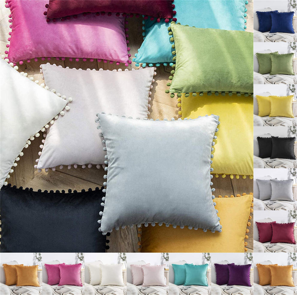 Vỏ Bọc Gối Sofa Bằng Nhung Mềm Mại Màu Trơn Đính Bóng Lông Trang Trí Nhà Cửa