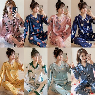 Set đồ ngủ dài tay bằng lụa in nhiều họa tiết tiết đanmgs yêu nhiều màu sắc cho nữ