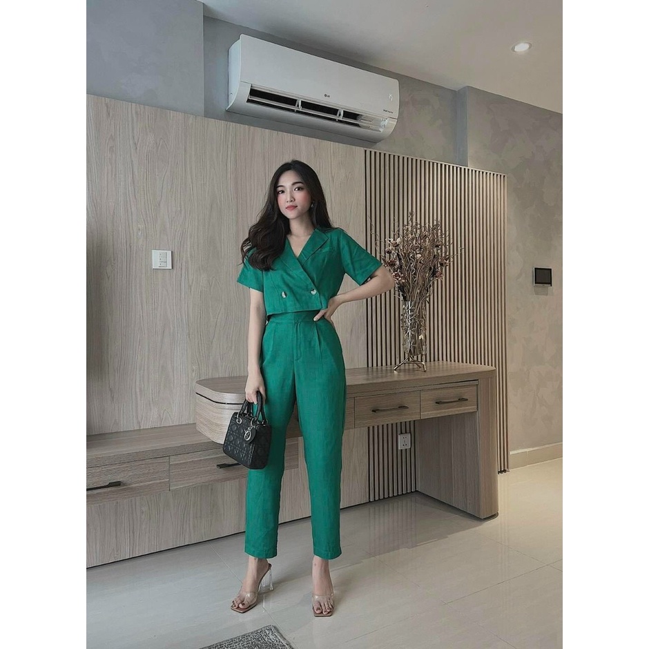 [8.8 Sales Freeship] Set bộ vest nữ nhiều màu sắc, set vest quần dài áo croptop đính nút tay ngắn thanh lịch dx