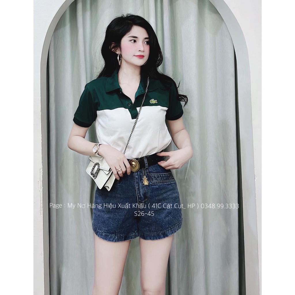 Áo polo nữ L.A.C.O.S, áo thun nữ cổ bẻ trắng phối xanh rêu trang nhã, lịch lãm