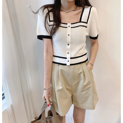 Áo croptop dệt kim SUXI tay ngắn cổ vuông phong cách Hàn Quốc