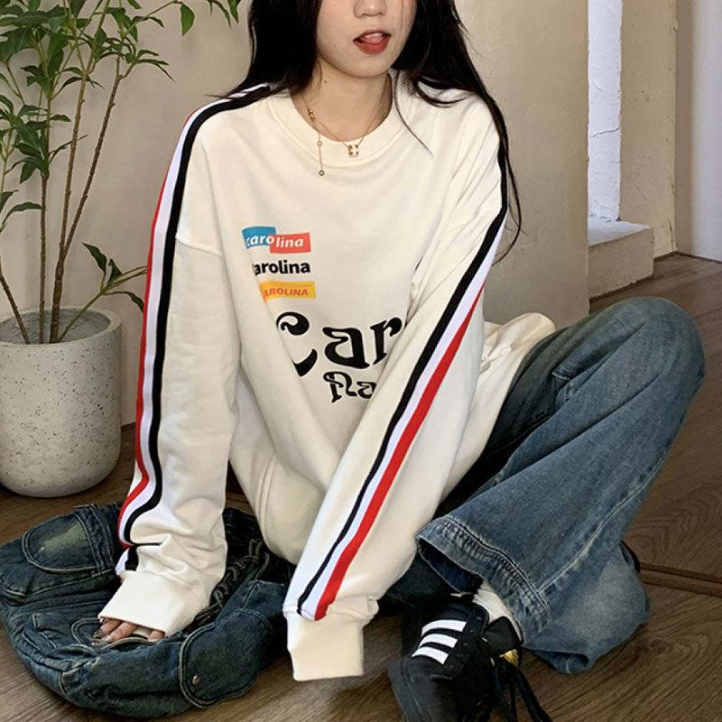 Jennie cùng phong cách cổ tròn in chữ Mỹ thời trang mùa thu cặp đôi váy cotton(cotton nguyên chât)