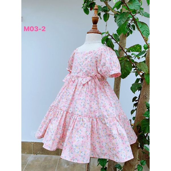 Đầm bé gái tiểu thư vải thô hoa đính nơ xinh xắn 10-38kg