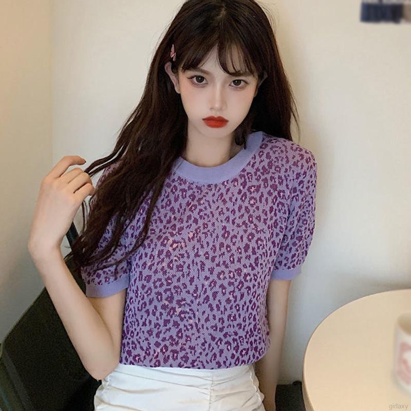 Áo Croptop Tay Ngắn Hoạ Tiết Da Báo Phong Cách Hàn Quốc