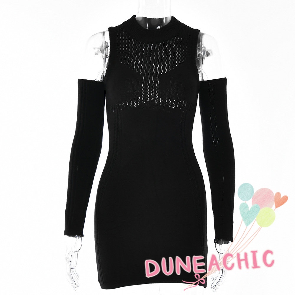 DUNEA Đầm Dệt Kim Màu Trơn Dáng Ôm Phối Tay Xuyên Thấu Gợi Cảm Cho Bạn Gái