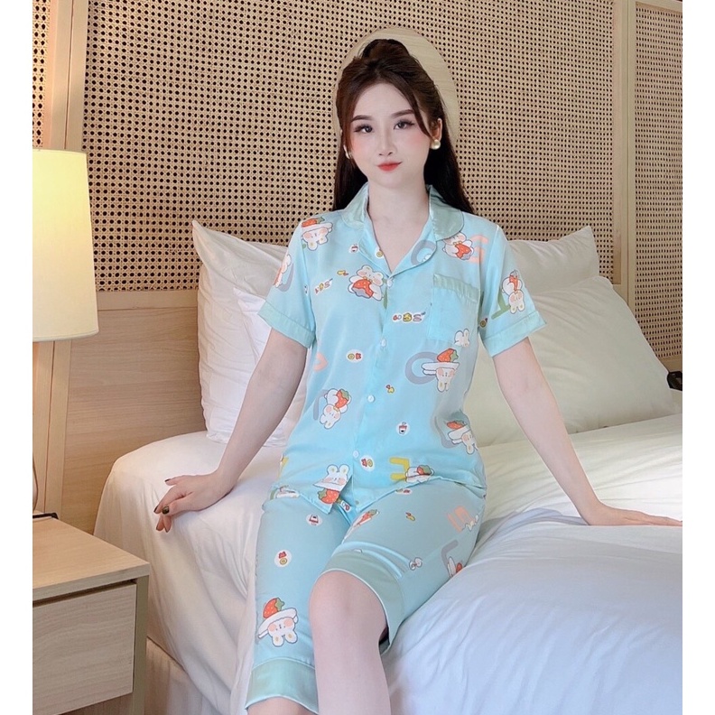 Bộ Pijama Cộc Lửng Lụa Mango Mềm Mịn - Bộ Mặc Nhà Quần Lửng Chất Liệu Mềm Mát Thoải Mái