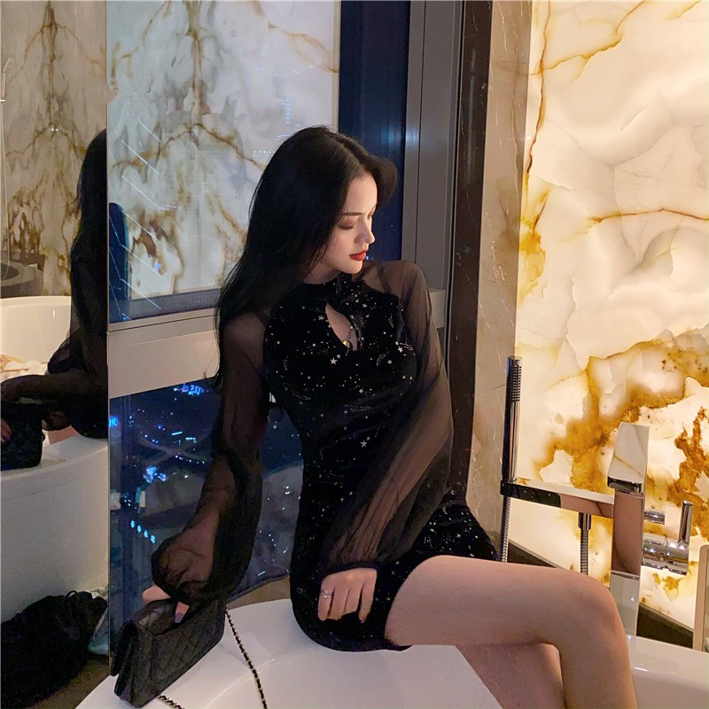 sẵn Sườn xám ngắn cách tân nhũ kim sa tôn dáng Quảng châu J0156