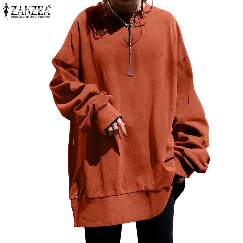 Áo sweatshirt ZANZEA tay dài màu trơn cổ tròn dáng rộng thoải mái dành cho nữ