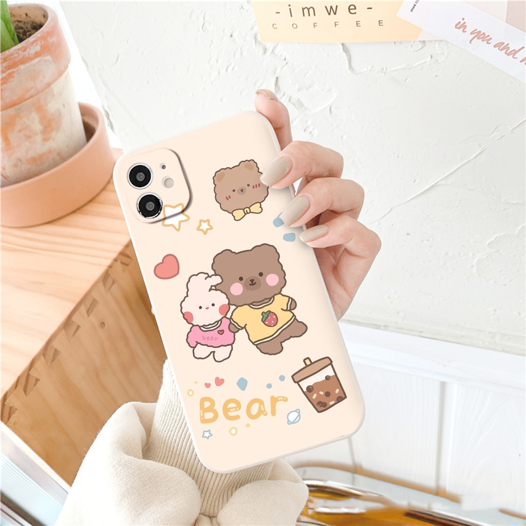 Ốp iphone - Ốp lưng iphone cạnh vuông Gấu nâu thỏ trắng dành cho ip 6 đến 14promax - ng279