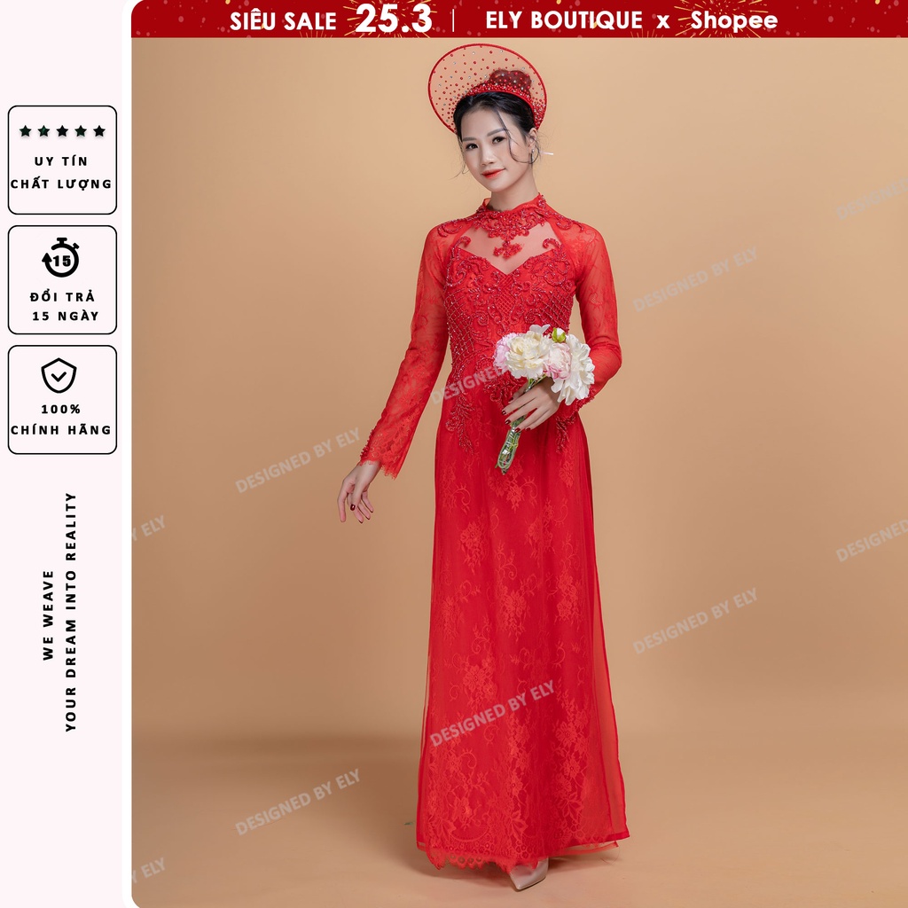 Áo dài cưới ELY Boutique, áo dài đỏ cổ cách điệu kết hạt chắc chắn, 3 lớp 6 tà