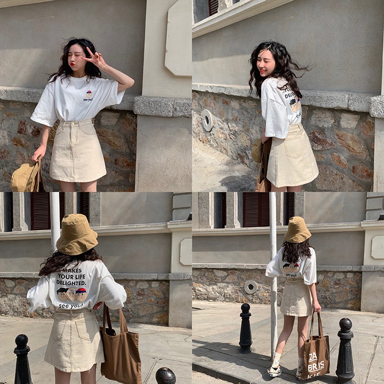 Chân váy ngắn chữ A trơn basic 2 màu đen và be