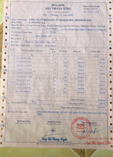 Sữa bột care 100 Gold 900g