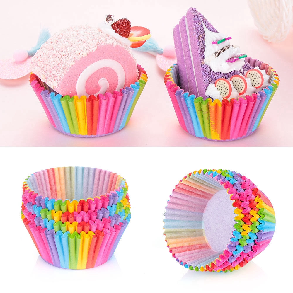 Set 100 cốc đựng bánh cupcake nướng bằng giấy màu cầu vồng chống thấm nước