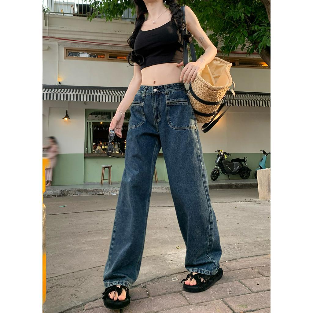 Quần Jean Nữ Lưng Cao Ống Rộng Phong Cách Vintage