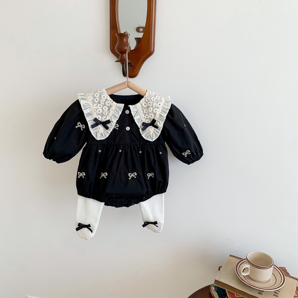 Áo Liền Quần Tay Dài Cổ Ren Thắt Nơ Màu Đen Phong Cách Công Chúa Cho Bé Gái