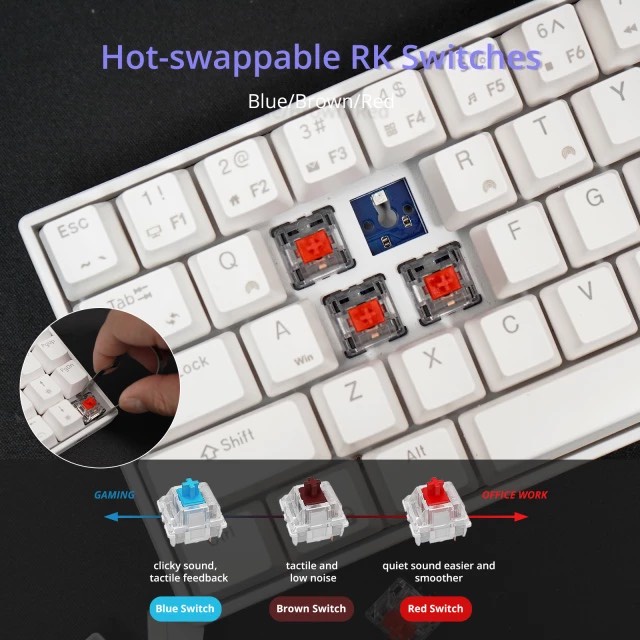 RK71 Hotswap - Bàn phím cơ RK71 Hotswap - Kết nối 3 thiết bị Bluetooth 5.0 - Wireless 2.4G - Cáp Type C - CHÍNH HÃNG