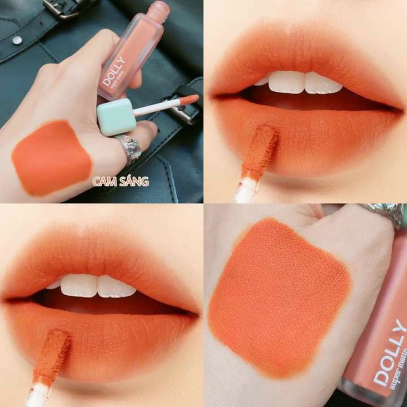 Son kem lì màu cam sáng Dolly super matte, son kem lì không chì bền màu lâu trôi, mua 2 cây tặng 1 hộp đựng cao cấp